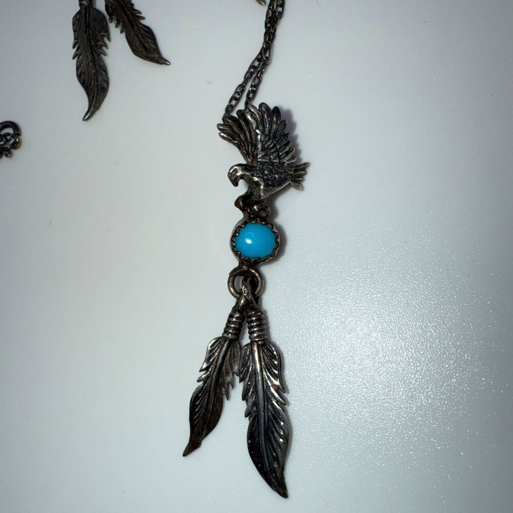 Native American earrings necklace eagle feather turquoise gems vintage jewelry - Picture 11 of 11